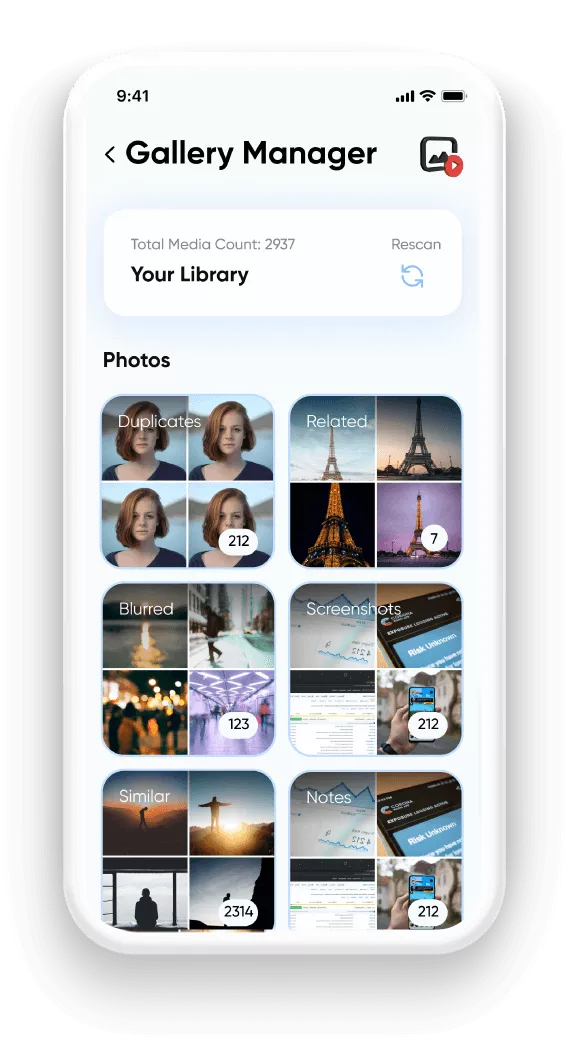 Gallery manager showing organized photo albums in a data management app
